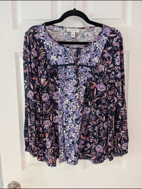 Vintage American Multicolored Floral Printed Long Sleeve Blouse in Size XL